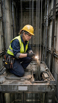 Female elevator technician inspecting steel cables from top of cabin inside elevator shaft