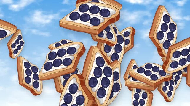 Animated Blueberry Cream Cheese Toasts Falling Through a Bright Blue Sky