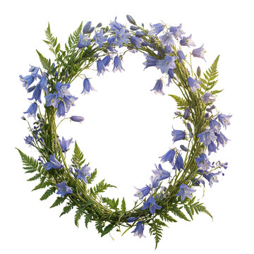 Wreath campanula ferns floral arrangement isolated on a transparent background for seasonal wedding design and elegant botanical home decor projects