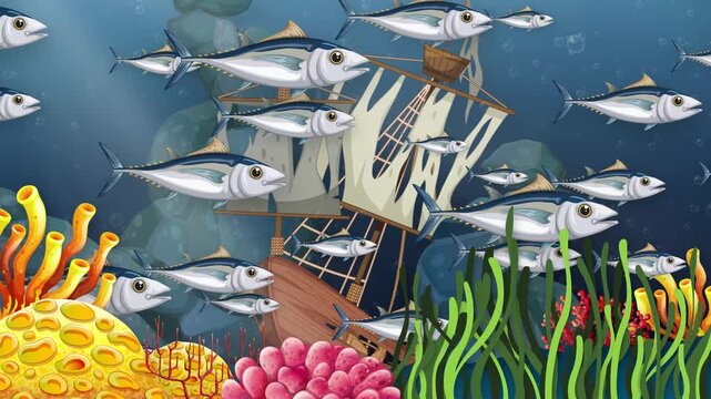 Cartoon School of Fish Swimming Past Sunken Ship Underwater