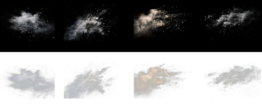 White powder explosion and dust debris particles for dynamic motion graphics and sports advertising backgrounds featuring isolated flour splash on alpha layers.