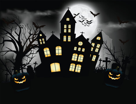 Happy halloween traditional night white moonlight, spooky, flying bats, dead trees, pumpkin, cinematic haunted background