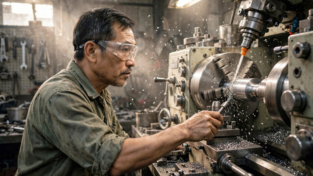 Asian male machinist operating heavy CNC lathe machine in workshop with dust particles and dynamic lighting
