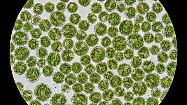 Green microalgae cells viewed through a microscope, intricate shapes and cellular structures visible on a glass slide, renewable biofuel research concept