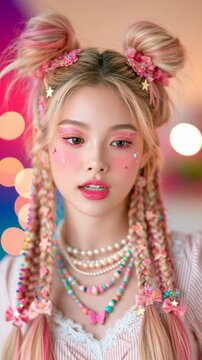 Beautiful anime girl with blonde braided hair, floral accessories and colorful jewelry, creating a dreamy romantic character portrait with soft bokeh and fantasy aesthetics.
