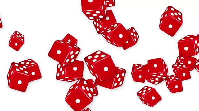 Red Dice Bursting and Tumbling Across a Clean White Background