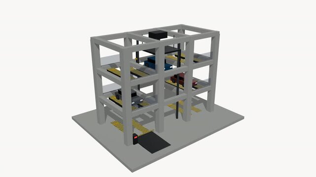 A highly detailed 3D miniature diorama of a mechanical automated parking garage. Features a complete, logical 10-second 'Park and Retrieve' loop where a hero car is lifted, parked, and retrieved seaml