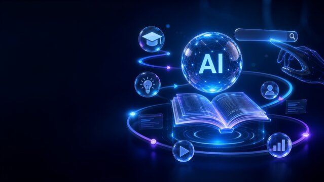 Artificial intelligence concept with open book graduation cap and search bar in a futuristic style