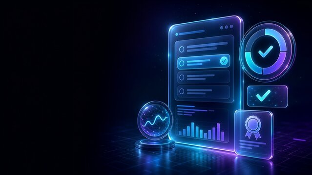 Glowing smartphone screen with progress charts and verification icons a futuristic digital display graphs checklist