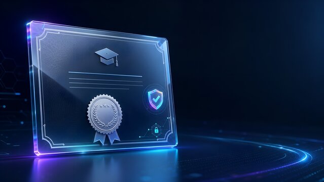 Digital certificate with graduation cap and security icons glows against a dark blue circuit board background