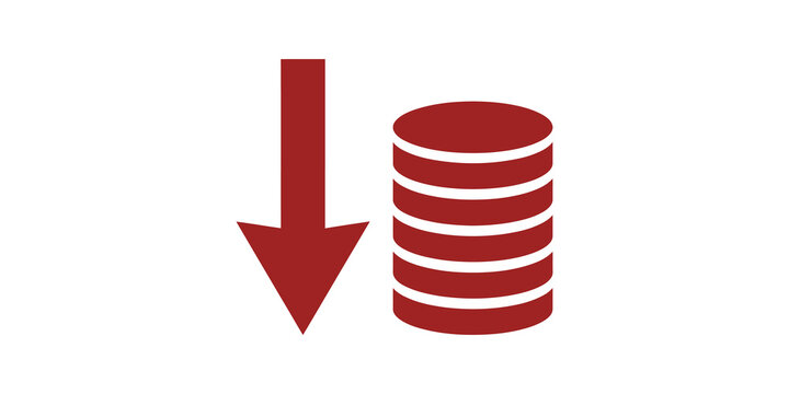 Red stacked coins with down arrow for financial decline or costs.
