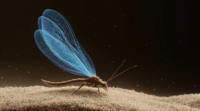 Metamorphosis of geometric antlion with crystalline pit trap jaws and fiber optic digging legs emerging from soft brown sand