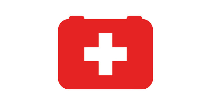 First aid kit medical suitcase flat red icon for emergency rescue.