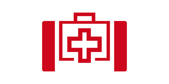 Medical kit line icon with red cross symbol for health emergencies.