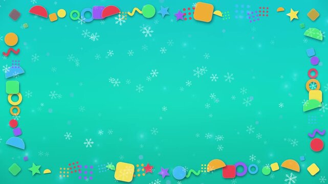 Colorful Rainbow Party Border with Falling Snow on Teal Background