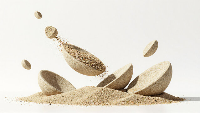 Splintered stone spheres hovering above sand grains in a surreal composition