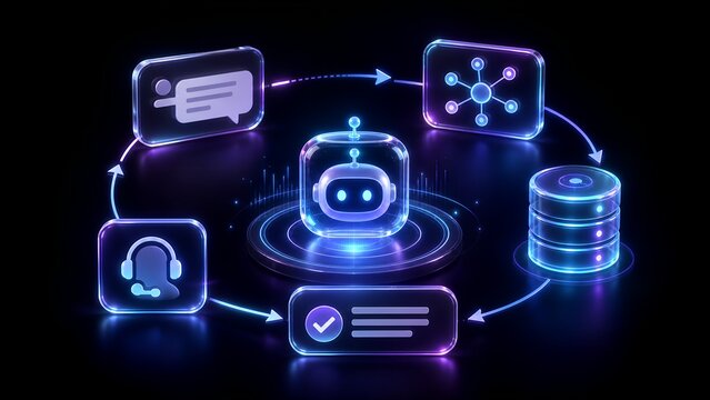 Glowing robotic agent illustration with data connections and support icons rendered in a futuristic style