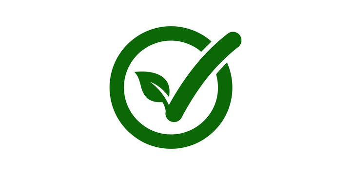 Eco friendly leaf with green checkmark icon inside circle nature product.