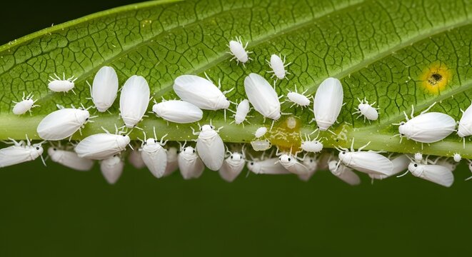 Whiteflies clustered on a green leaf with selective focus during daytime