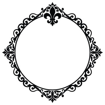 Vintage fleur de lis round frame, elegant black baroque circular border vector, classic damask ornament for wedding invitations isolated on White Background