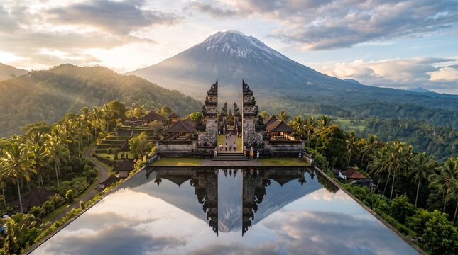 Symmetrical reflection of traditional split gates framing a majestic volcano at sunrise