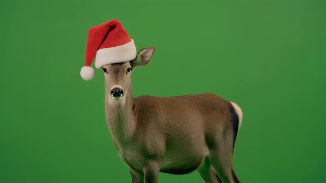 A triptych of a deer wearing a Santa hat against a green screen background.