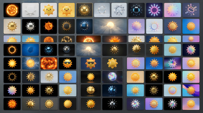 Collection of various sun and star icons featuring diverse artistic styles and weather forecast symbols for digital design