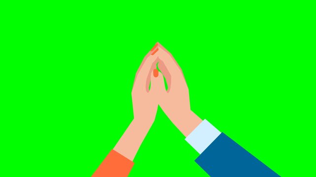 High me five. Support coworker, partnership, man hand high five with woman hand. People are celebrating success. Man and woman partners greeting, hand clap gesture. 2d flat animation. Alpha channel