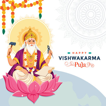 Vishwakarma Puja Celebration Poster with Lord Vishwakarma Illustration, Lotus Flower, Sacred Tools, Floral Mandala, Marigold Decorations and Hindu Festival Vector.