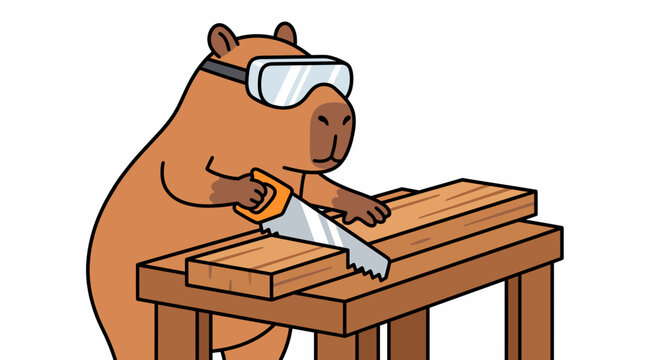 Capybara wearing goggles using a hand saw on wood