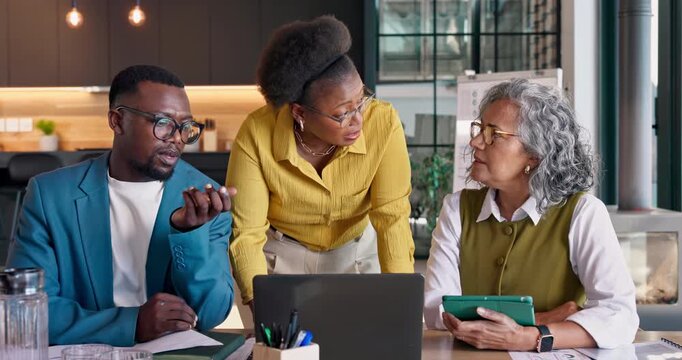 Business, team and meeting with laptop for campaign planning, proposal and competitor analysis. Marketing manager, people and tech at agency for design review, project brainstorming or brand strategy