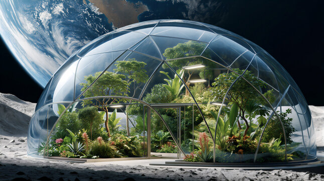 Space botanical garden inside a transparent geodesic dome housing exotic plants on a lunar surface with Earth in background