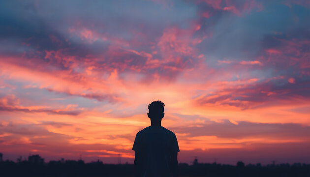 Silhouette of man standing outdoors watching dramatic sunset sky with vibrant pink and orange clouds, peaceful solitude contemplation hope and future vision concept