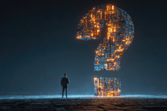 A businessman stands before a giant glowing digital question mark representing the unknown future of artificial intelligence and ethical dilemmas.