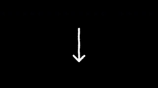 arrow pointing down hand drawn doodle animation icon on black background for digital navigation design