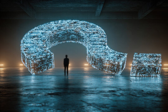 A businessman stands before a giant glowing digital question mark representing the unknown future of artificial intelligence and ethical dilemmas.