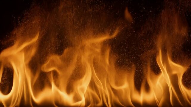 A dynamic close-up triptych of vibrant orange flames dancing against a dark background, with shimmering embers scattered throughout the fiery display.