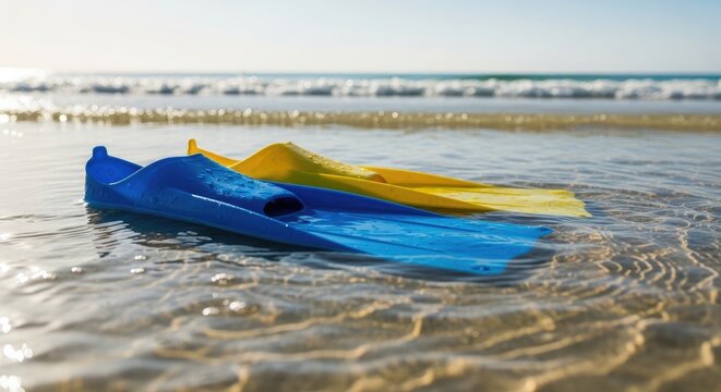Pair of Blue and Yellow Flippers Resting on a Sandy Beach Shoreline.