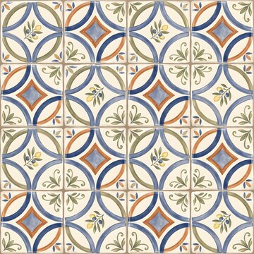 Hand Painted Mediterranean Ceramic Tile Pattern with Lemons