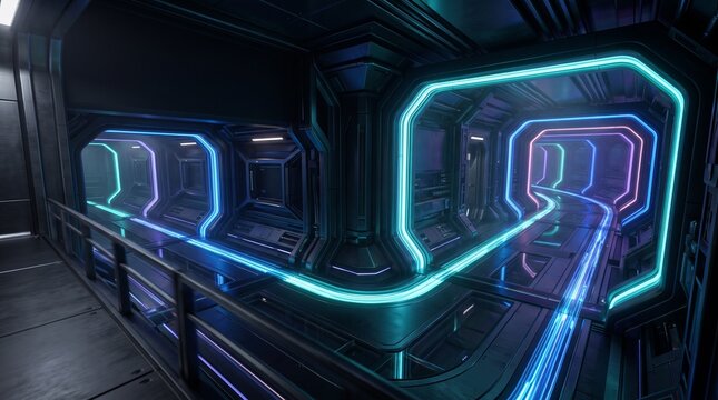 Futuristic spaceship corridor with neon lights, sci-fi interior hallway with glowing blue and purple lines, high-tech spaceship tunnel