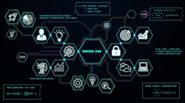 Futuristic sci-fi HUD technology interface dashboard with glowing hexagonal server hub data network icons on black background