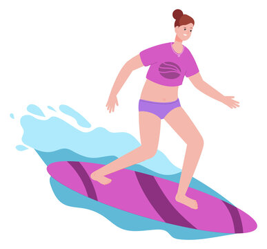 Woman riding surfing board on water waves. Active summer