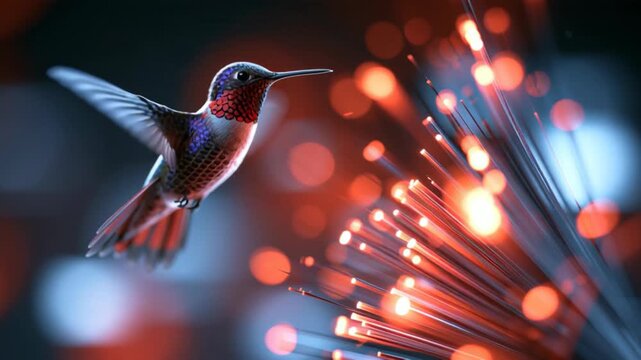 Hummingbird hovering beside a glowing fiber-optic flower with warm orange bokeh lights, creating a magical futuristic wildlife scene with dramatic illumination.