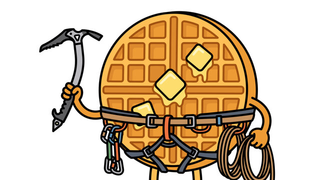Waffle mascot with mountain climbing equipment.