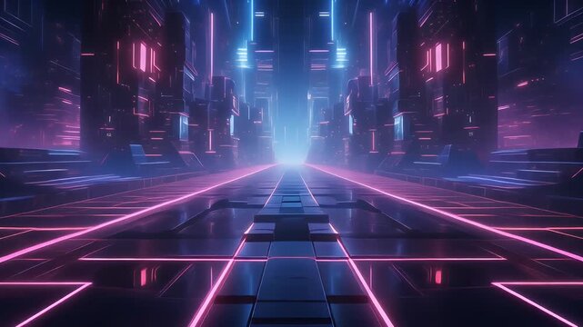 A futuristic cityscape with neon lights and a central glowing pathway.
