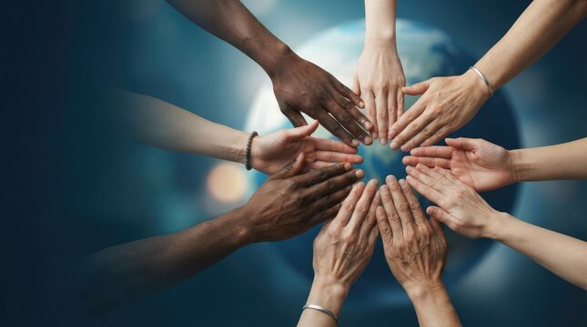 Diverse Group of Hands Joined Together in Unity Circle Formation