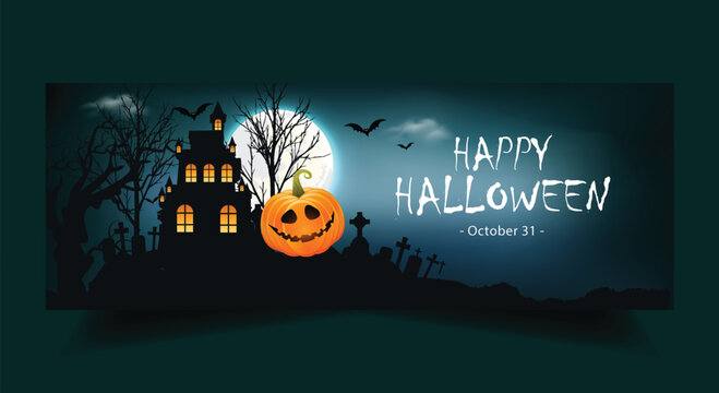 Happy halloween night spooky banner, haunted graveyard, dark dead trees, glowing full moon, ghost, flying bats and pumpkins holiday template