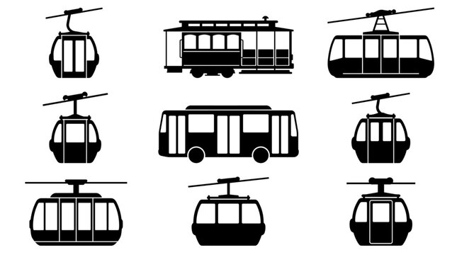 Cable car gondola and city bus icon set.