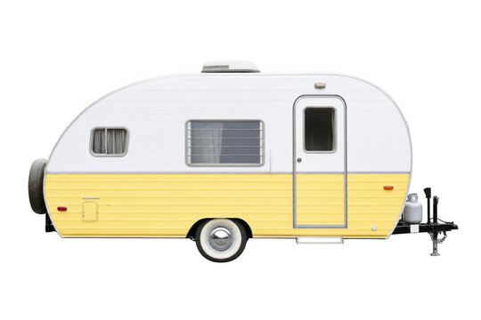 Vintage yellow and white travel trailer camper isolated on with as isolated on transparent background