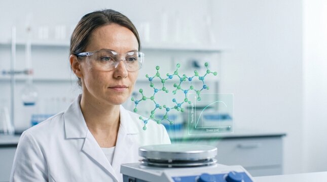 Female chemist in lab coat analyzing 3D holographic polymer molecule and tensile strength chart in laboratory
